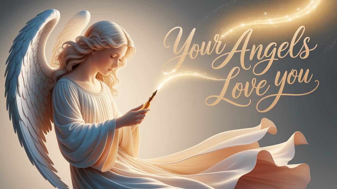 Angel's Gentle Touch Forms Radiant Golden Words