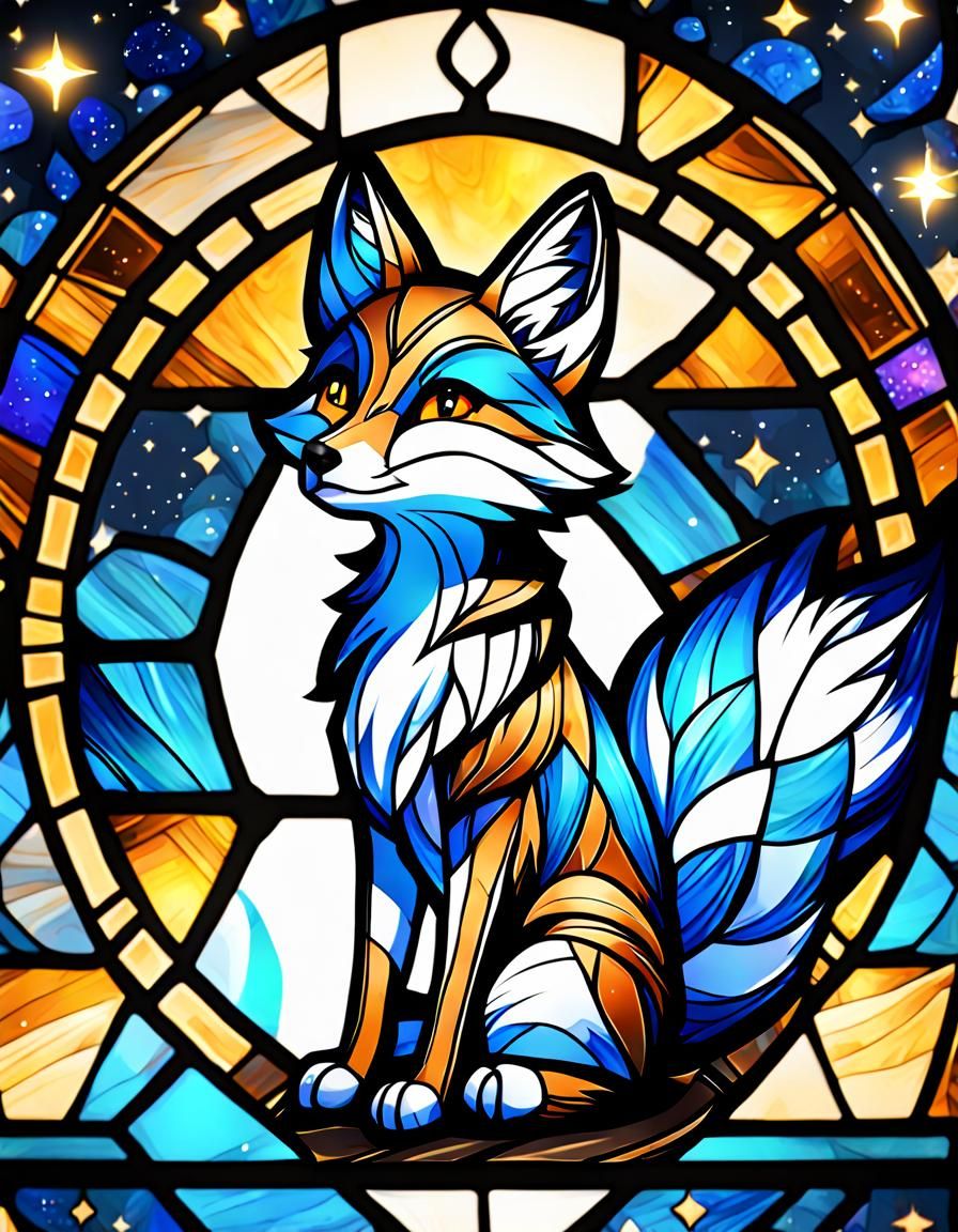 Adorable Chibi Fox in Stained Glass Style