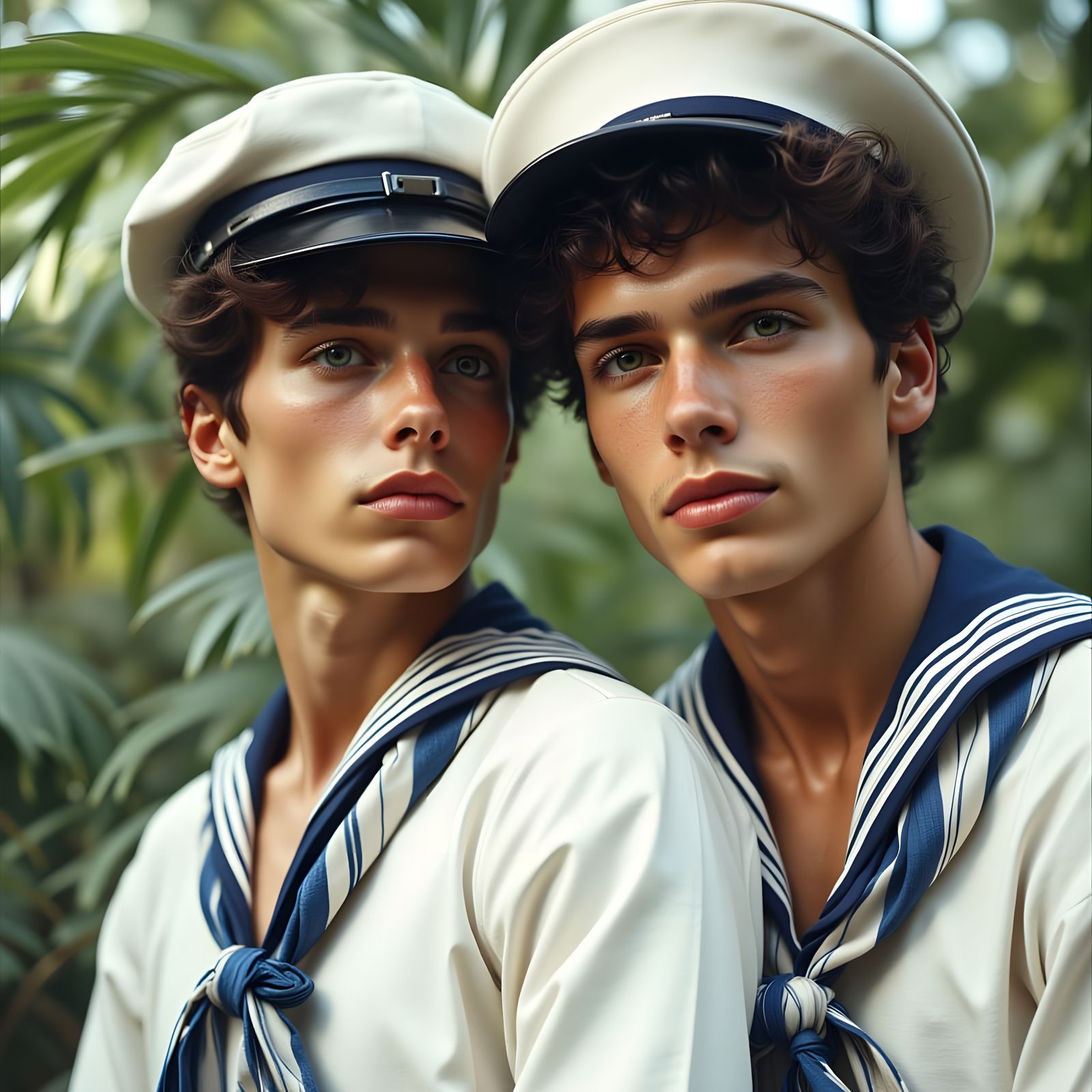 Two Handsome Men in Sailor Outfits: Photorealistic Style