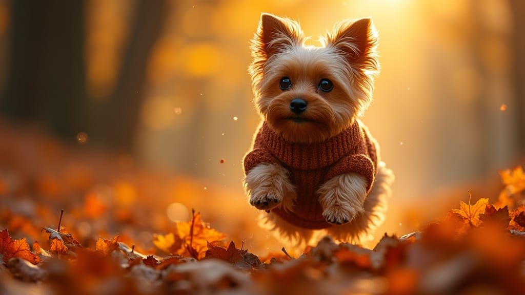 Yorkshire Terrier Jumps in Autumn Leaves