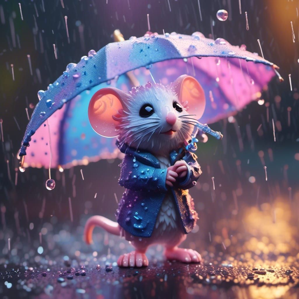 Pastel Mouse with Umbrella in Rainy Macro View