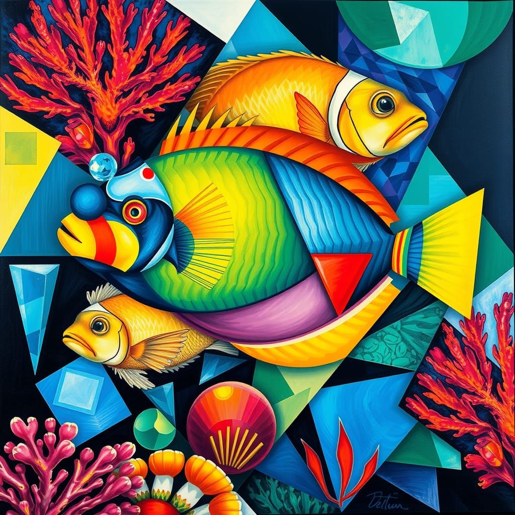 Cubist Coral Reef with Vibrant Fish
