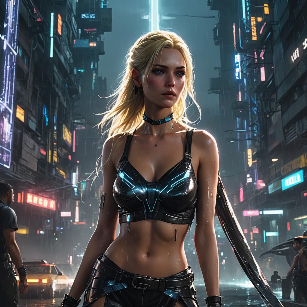 Realistic Blonde Woman in Cyberpunk Night Scene