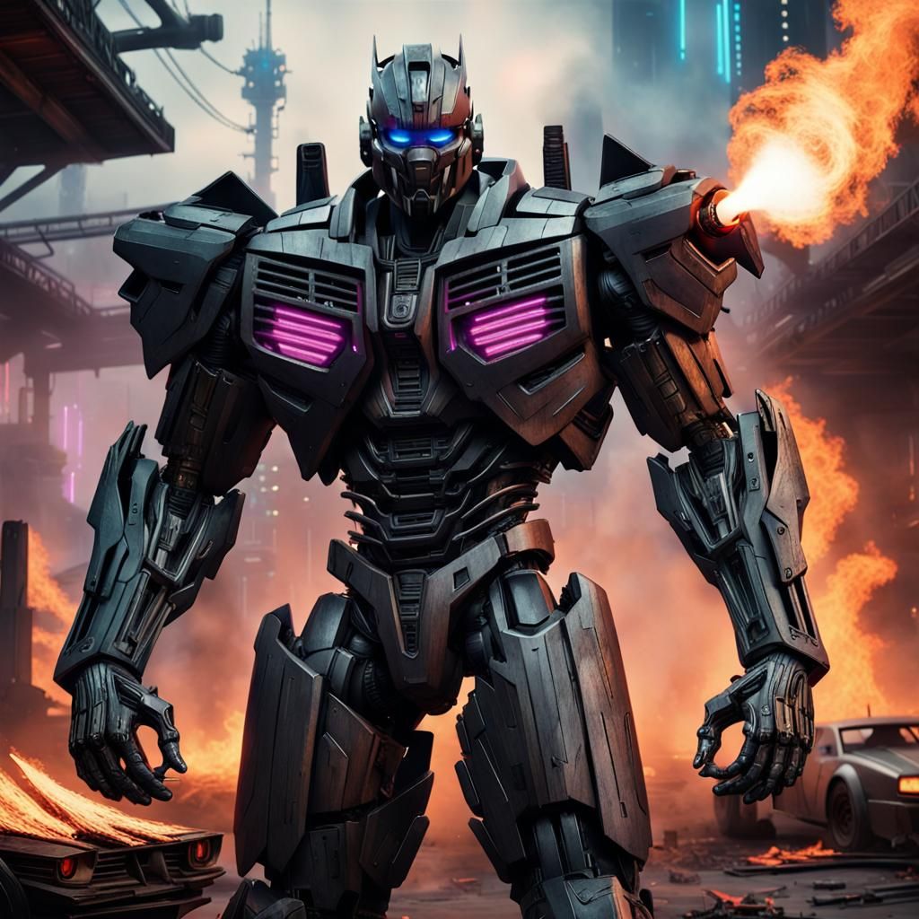 Cyberpunk Warrior and Transformer in Apocalyptic City