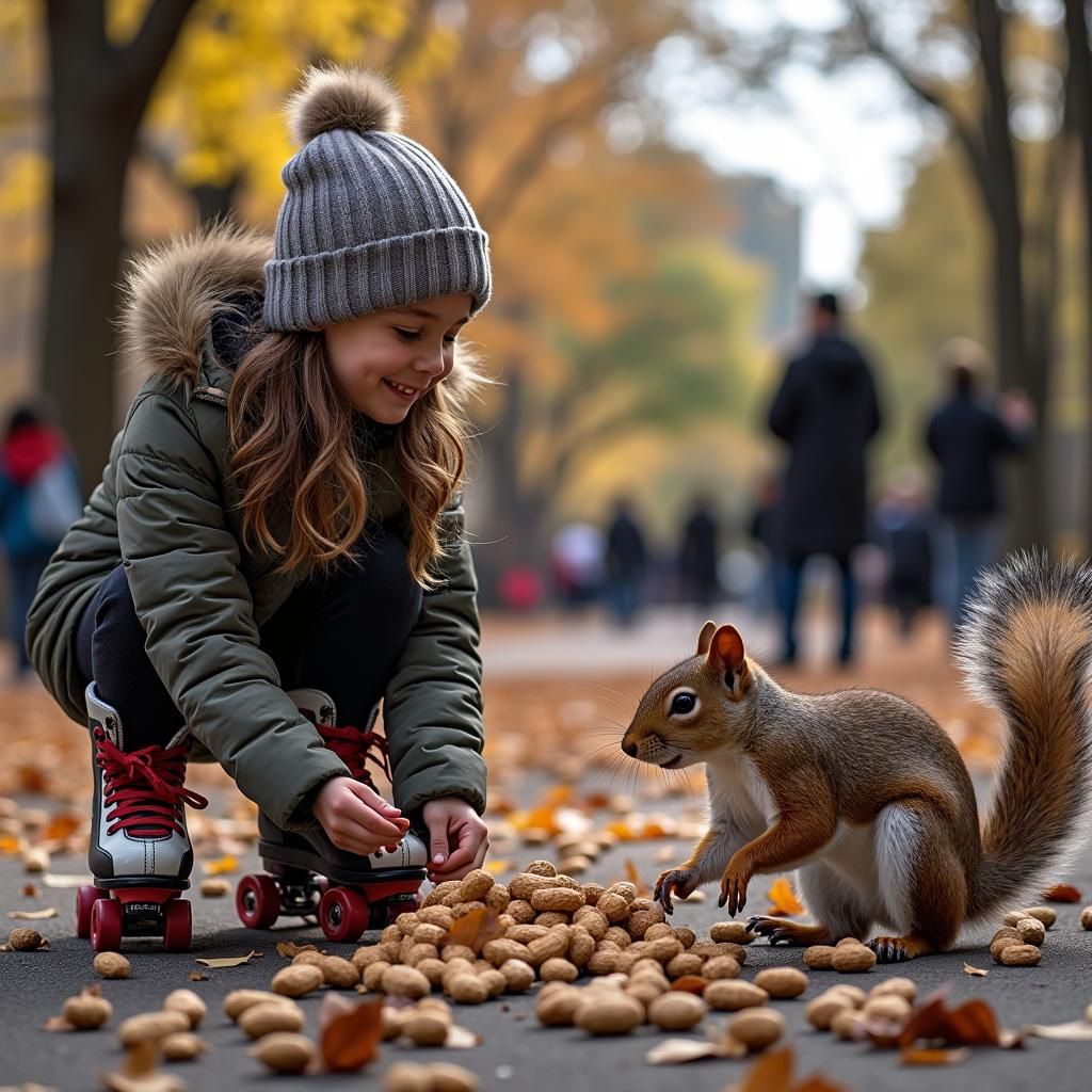 Girl Shares Peanuts with Squirrel in Central Park