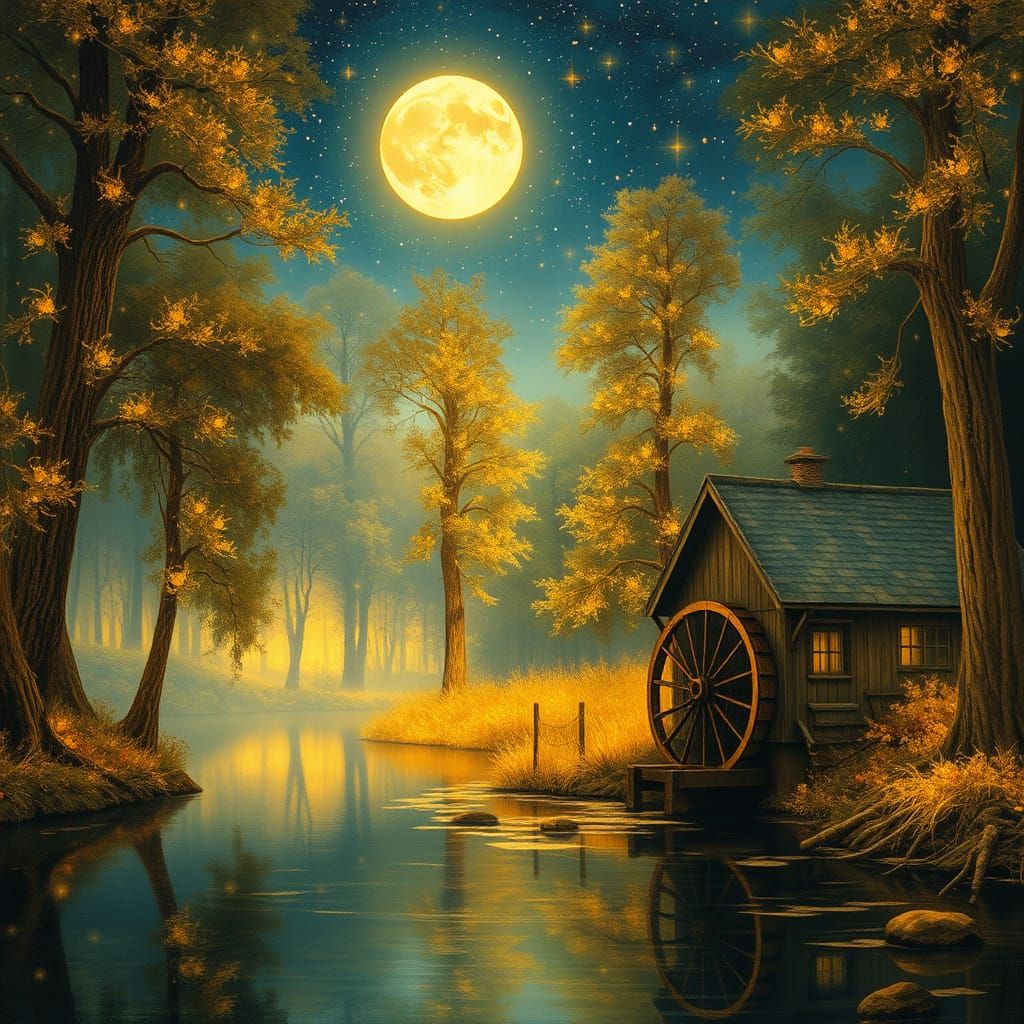 Idyllic Waterwheel Scene in a Dreamlike Forest Landscape