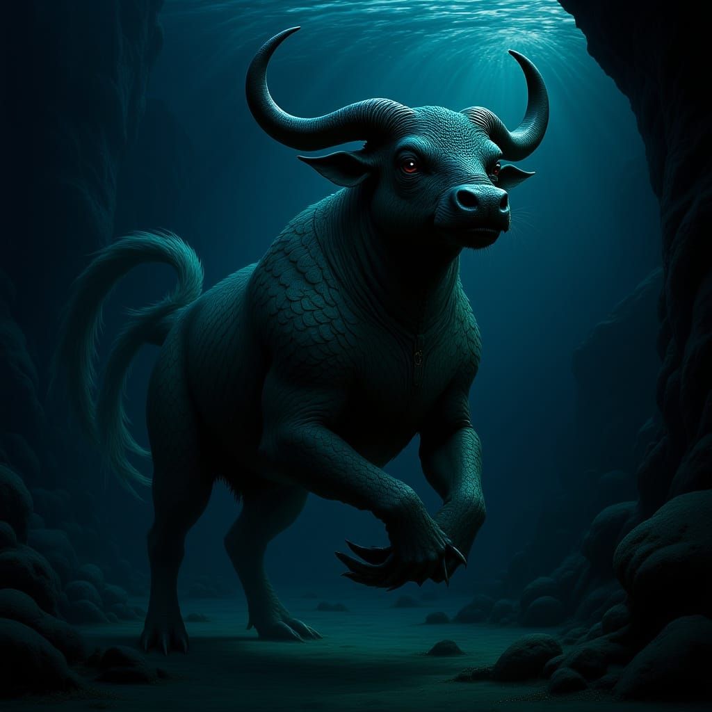 Armored Water Buffalo in Bioluminescent Underwater Realm