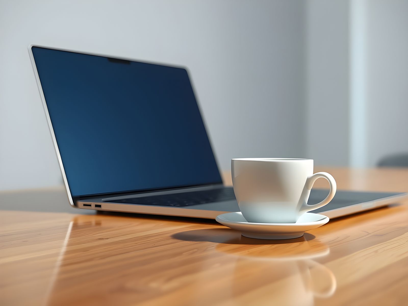 Hyperrealistic Coffee Cup and Laptop in Clean Office
