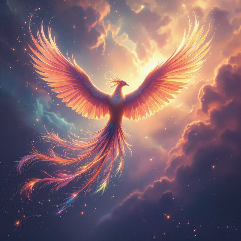 Mystical Phoenix Soars Through Cosmic Nebula in Digital Matt...