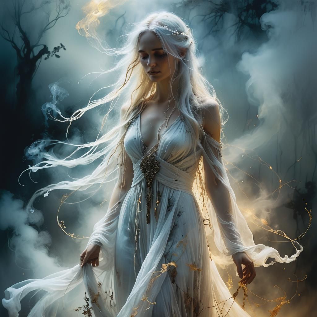 Ethereal Woman in White: Dark Fantasy Portrait