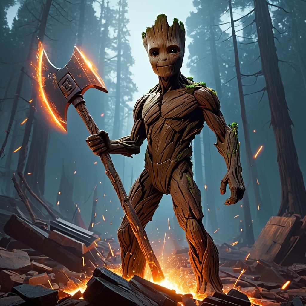 Groot Wielding Stormbreaker in Mystical Forge