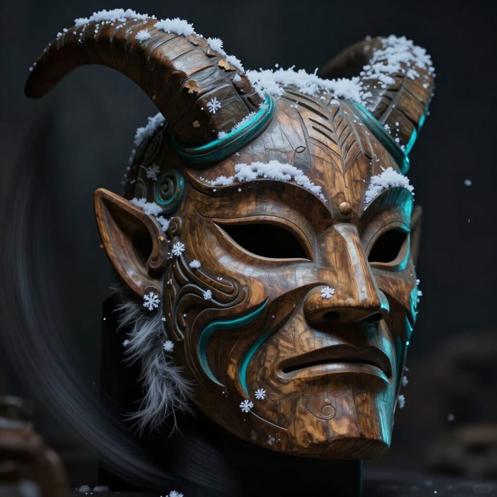 Carved Wooden Mask with Horns and Snowflakes
