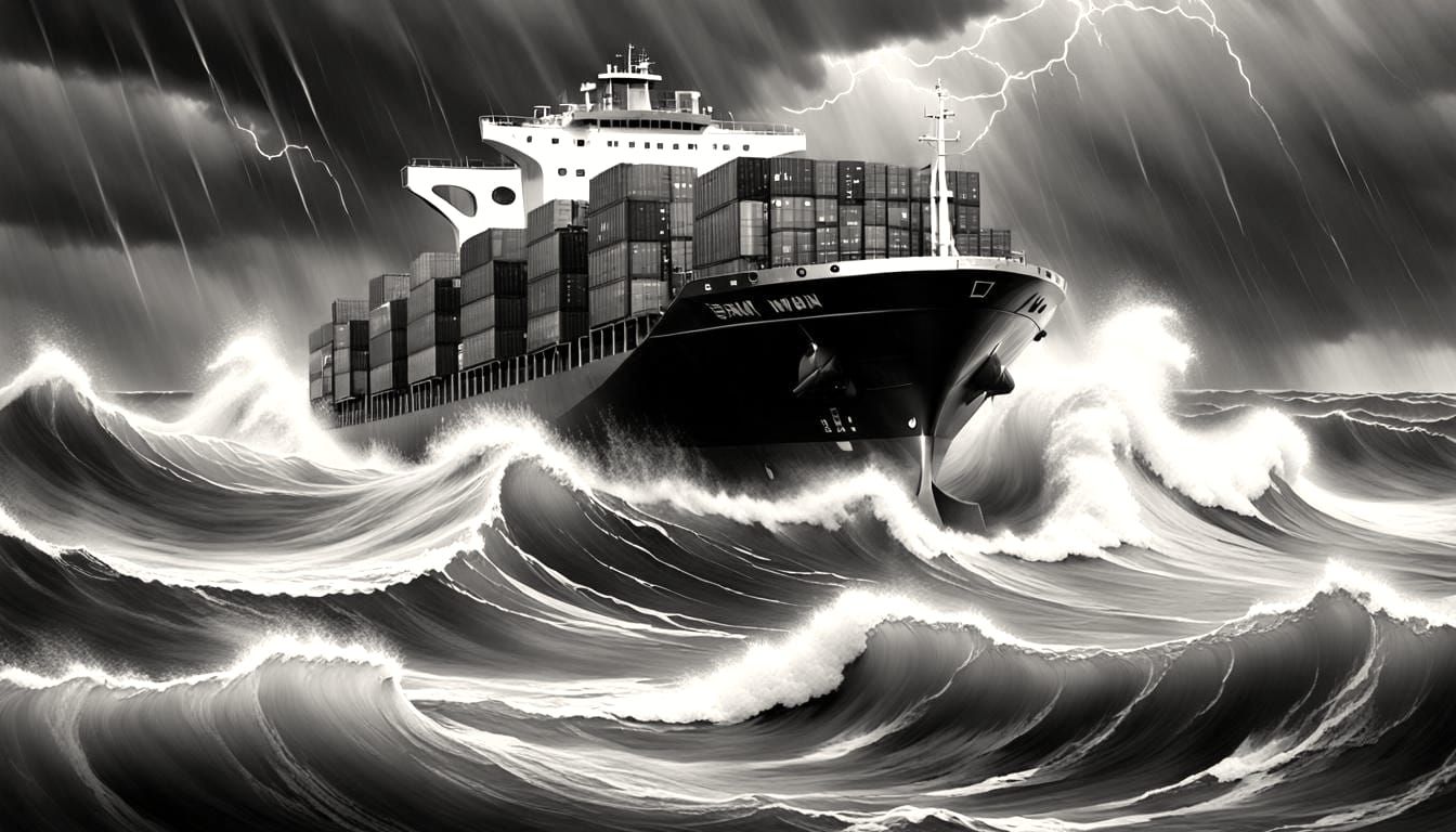 Container Ship vs Rogue Wave in Stormy Ocean