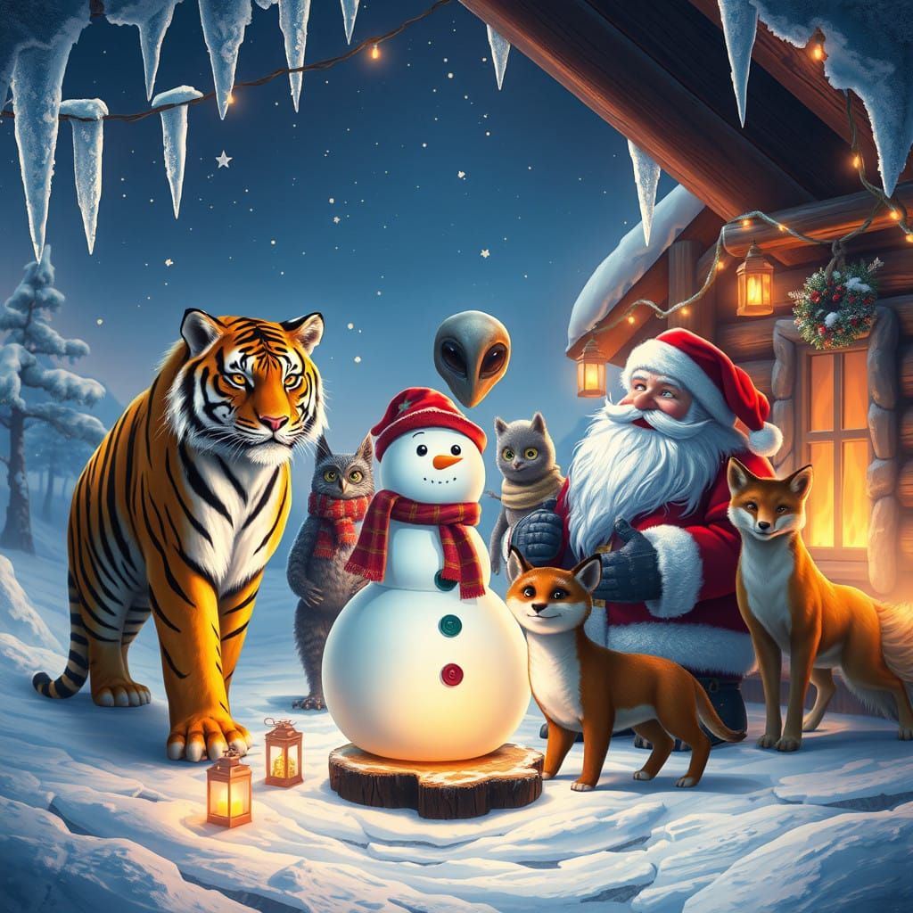 Friends Gather Around Snowman and Santa in Cozy Winter Cabin...