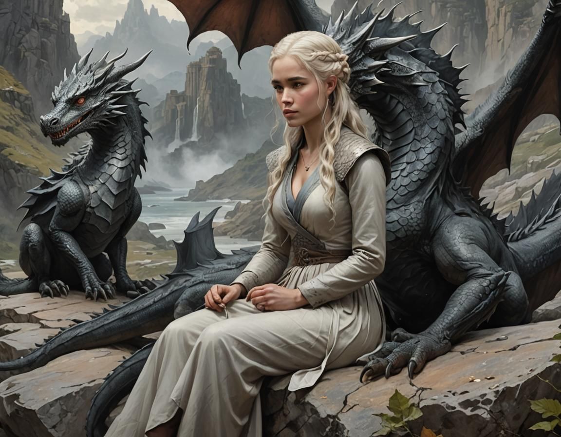 a woman sitting on a rock next to a dragon, award winning fantasy art, robin eley, forbidding, charli bowater and artgee...
