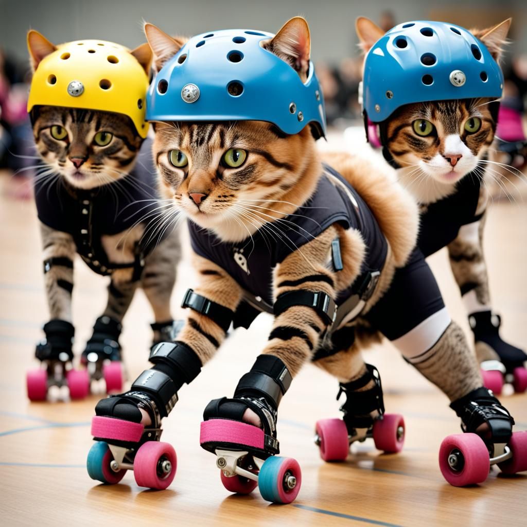 Cats in Roller Derby with Safety Gear