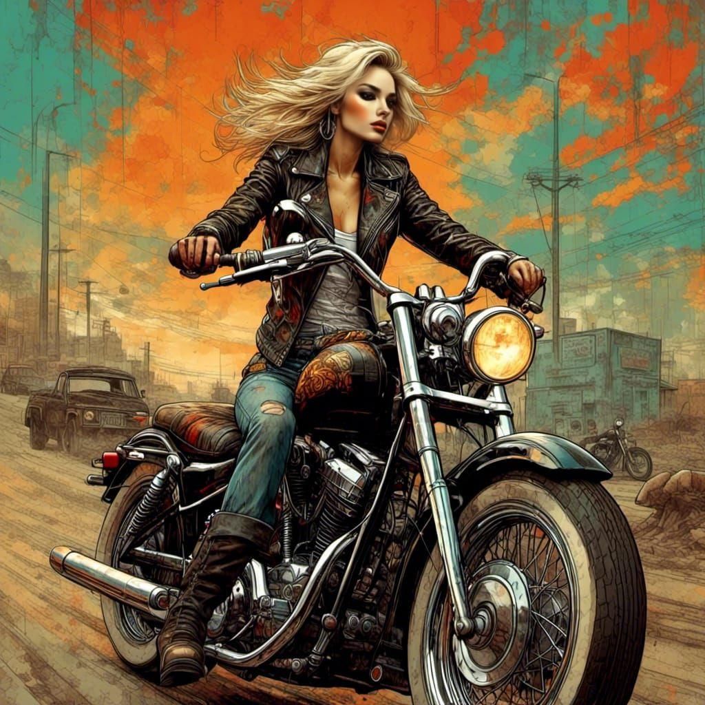 Biker on Harley-Davidson in David Mann Style