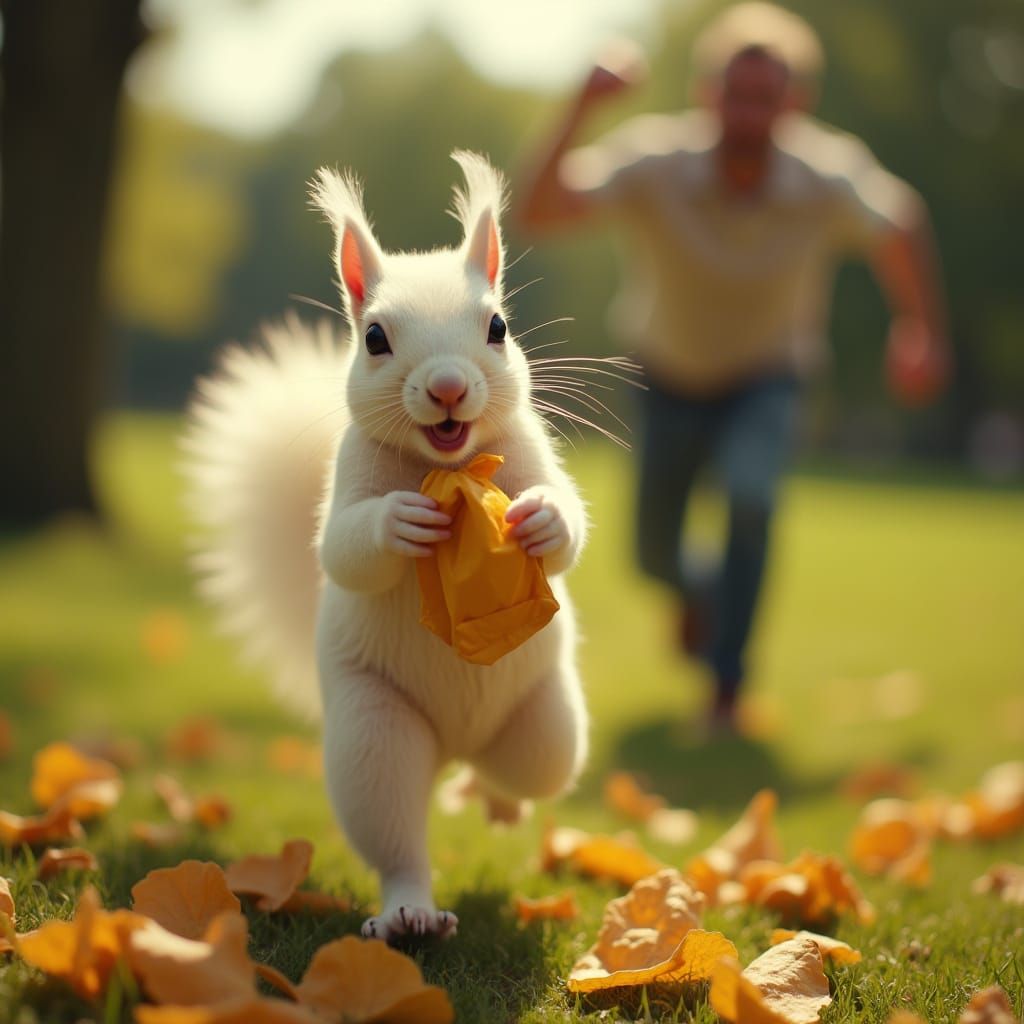 Albino Squirrel Steals Chips in Sunny Park