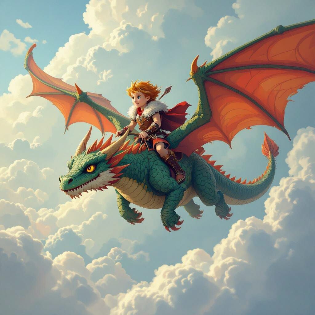 Viking Boy Rides Dragon Through Clouds in Whimsical Fantasy