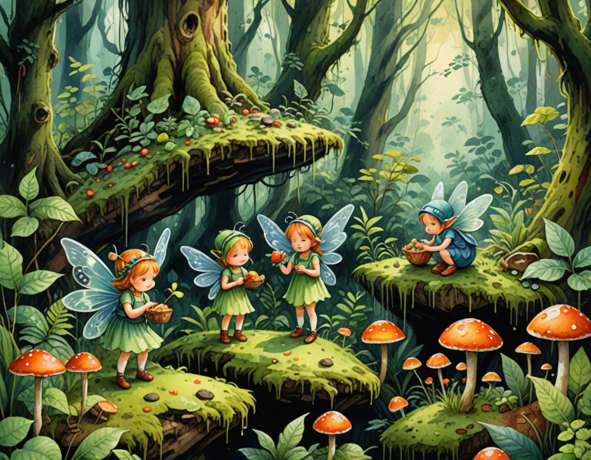 Vibrant Fairies Gather Food in Lush Mossy Forest