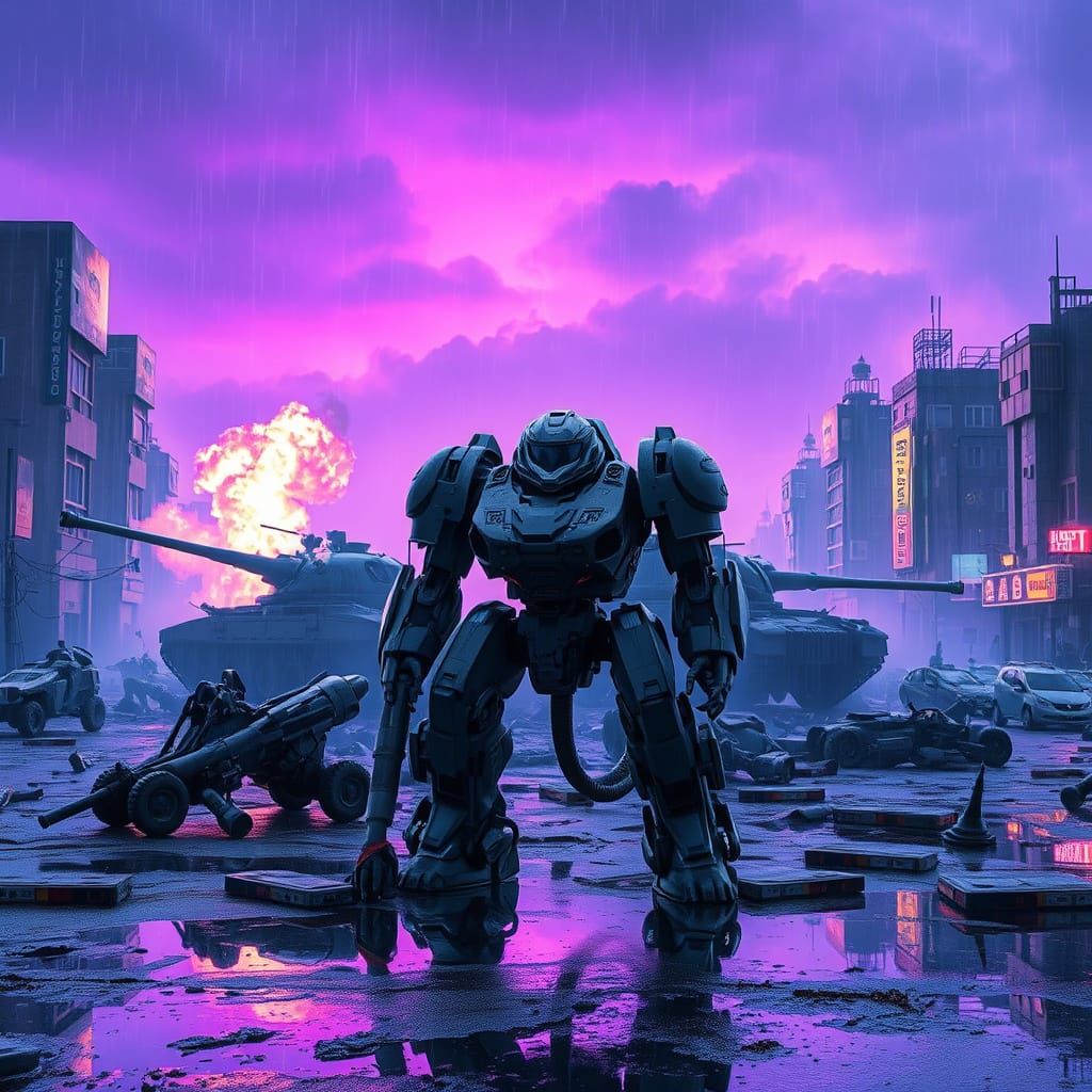 Cyberpunk Mech Warrior in Neon City Ruins