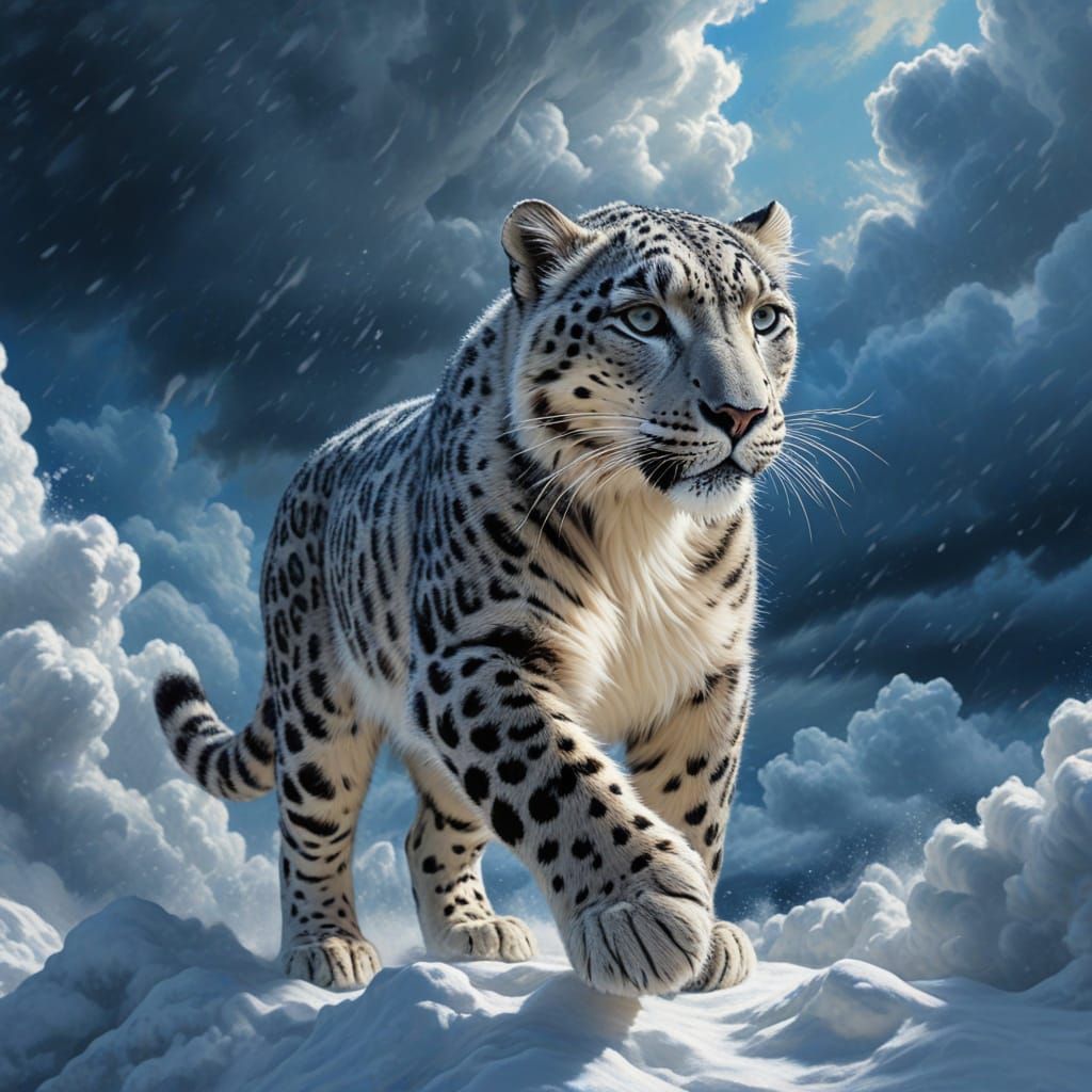 Snow Leopard Running Through Storm Clouds Impressionistic Oi...