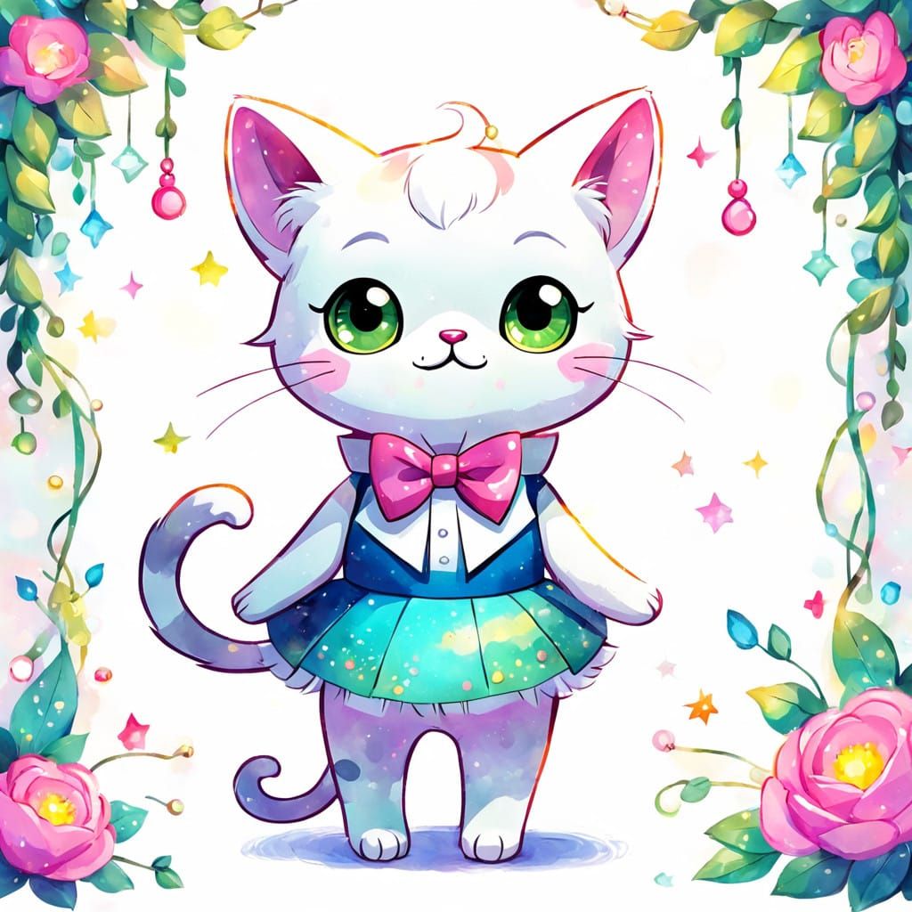 Whimsical Chibi Cat Cub in Pink Tutu, Watercolor Sketch