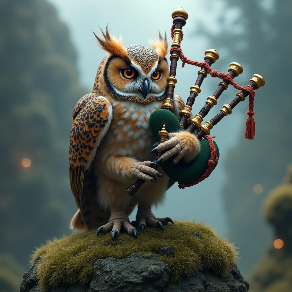 Owl Playing Bagpipes in Mystical Highlands