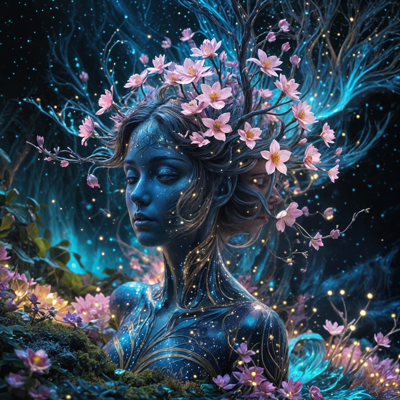 Celestial Goddess Blooms from Cosmic Flowers in Art Nouveau ...