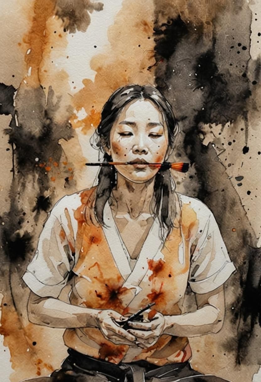 Expressive Ink Portrait of Woman Painting Haiku