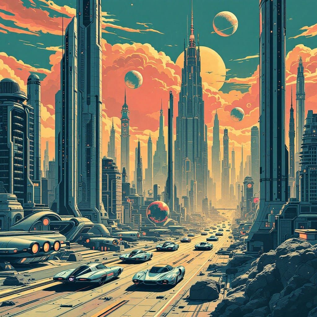 Retro-Futuristic Metropolis in Vibrant Neon Hues