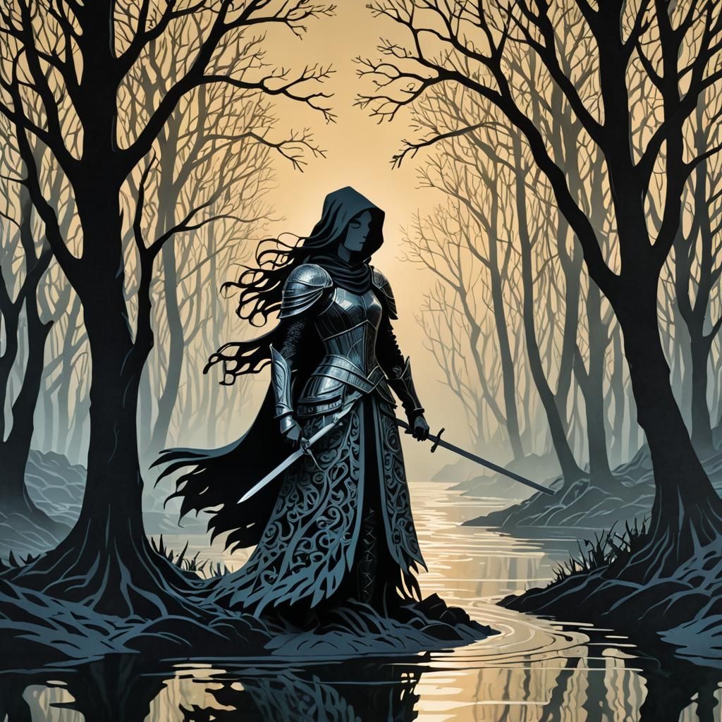 Woman Knight at Turbulent Lake in Papercut Art