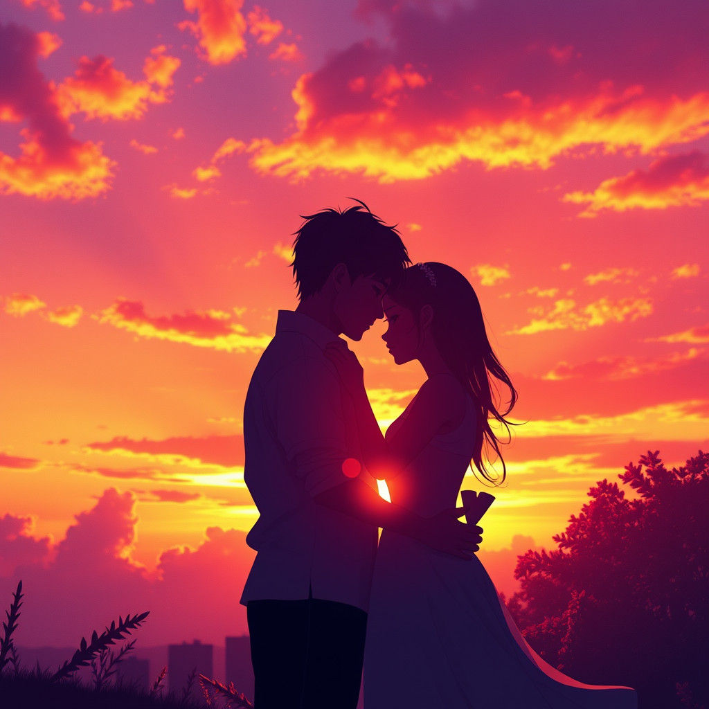Lovers Embrace at Sunset: 3D Anime Art