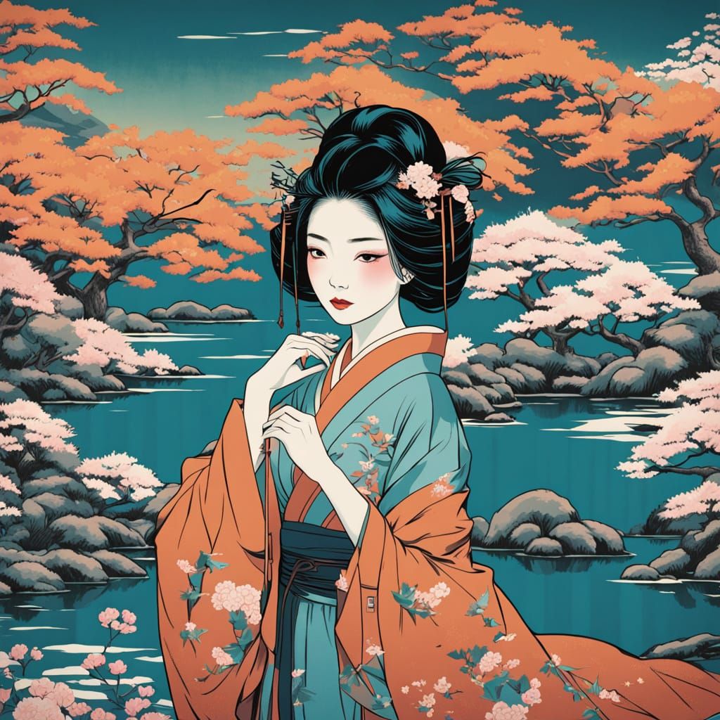 Elegant Geisha in Japanese Garden, Traditional Attire, in Hy...