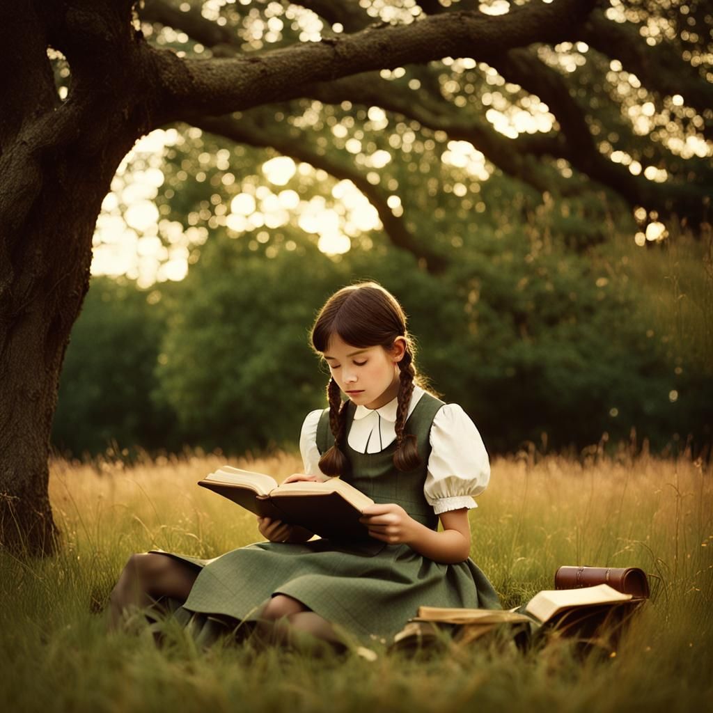 Girl Reading in Field: Cinematic 35mm Film