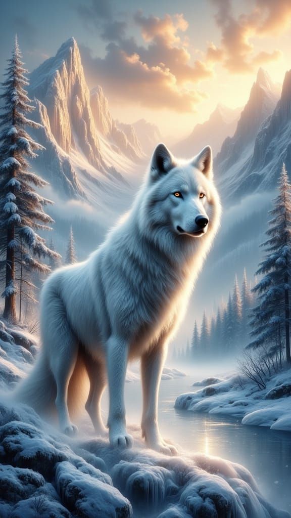Majestic White Wolf in Frosty Alpine Valley at Dawn