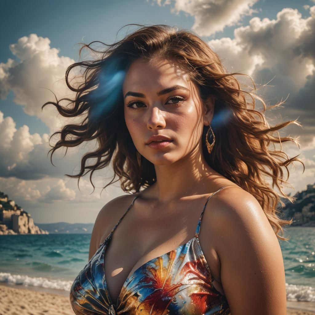 Voluptuous Woman on Monaco Beach in Dramatic Lighting