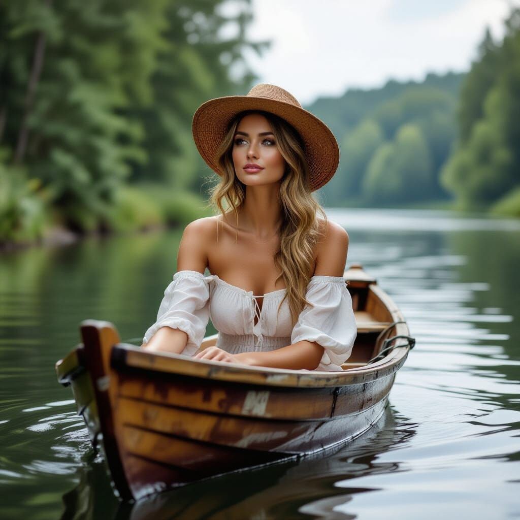 Woman's Blonde Hair Dances on Blue Lake Surface