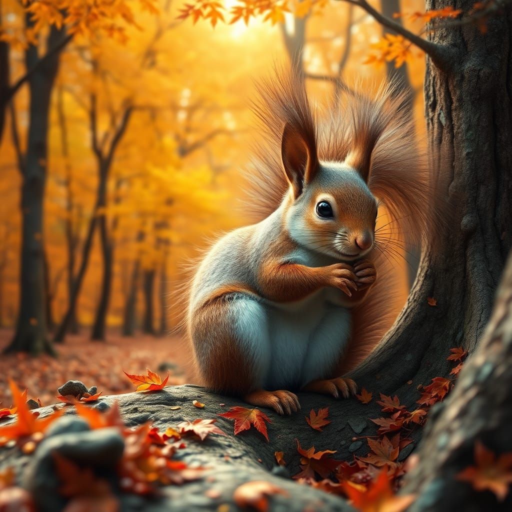 Surrealistic Fractal Squirrel in Hyperealistic Autumn Forest