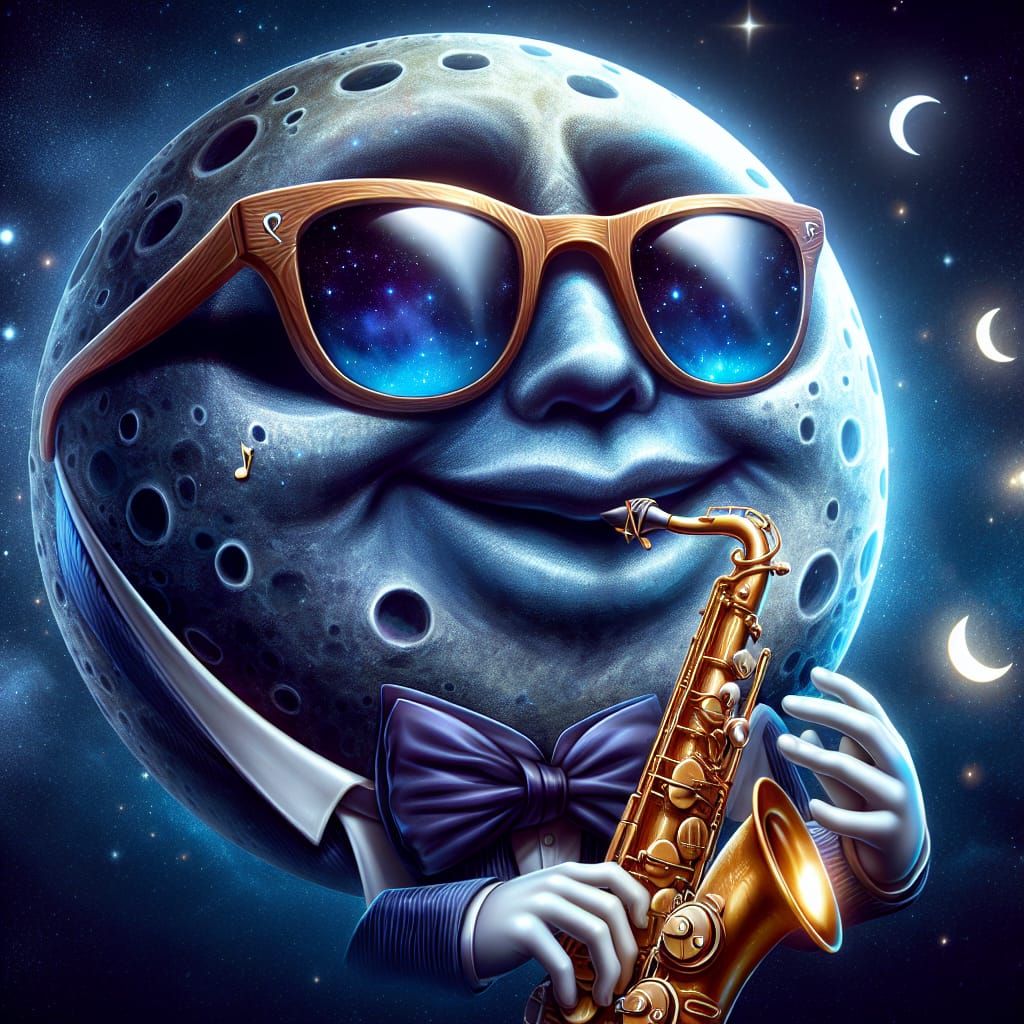a  whimsical image of the  moon playing a saxophone wearing ...