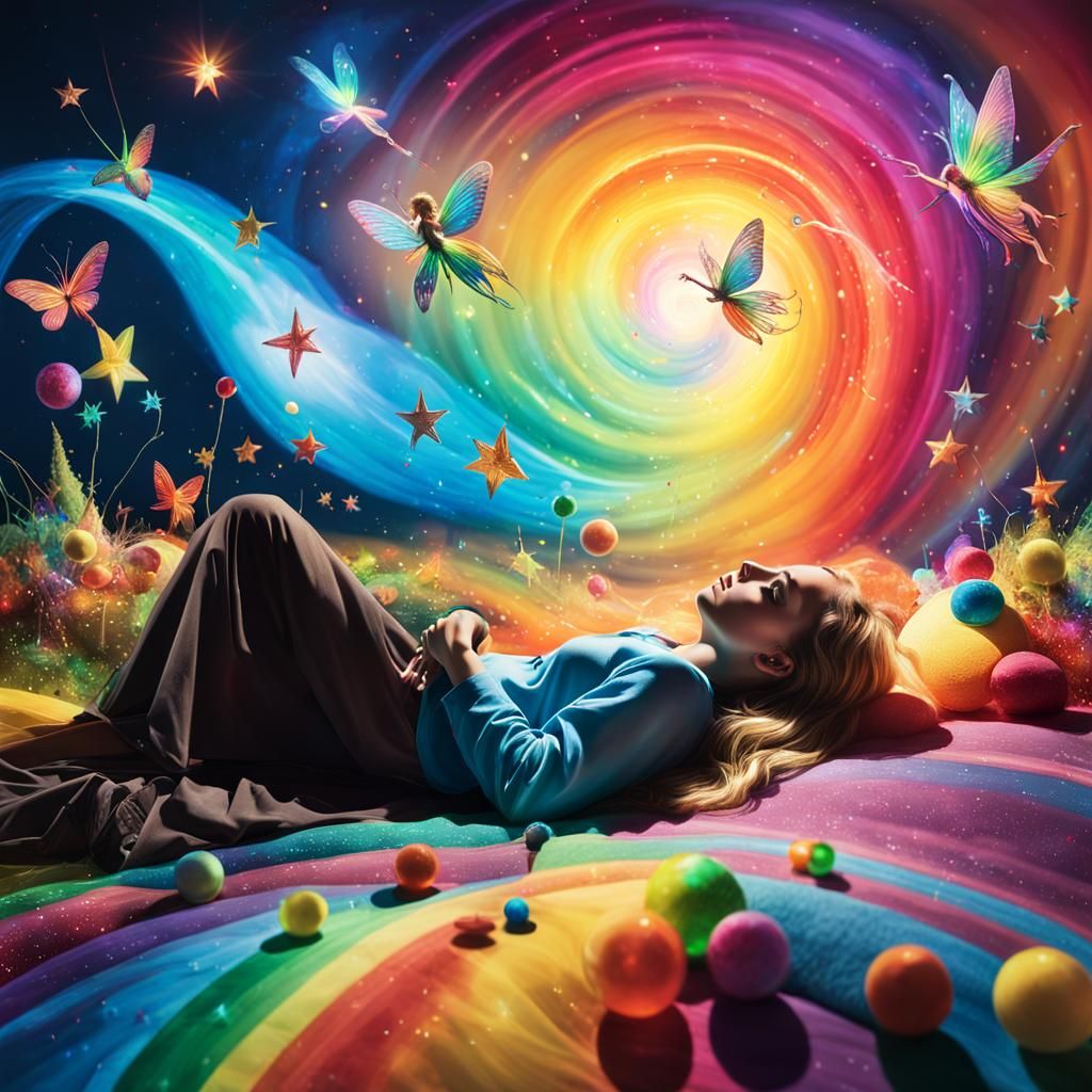 Dreamer with Rainbow Fairy in Surrealist Dreamscape