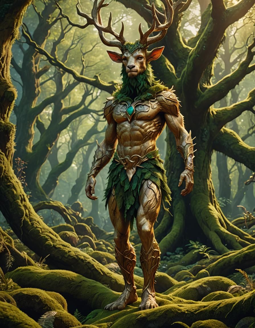 Faun in Mythical Forest with Emerald Moss