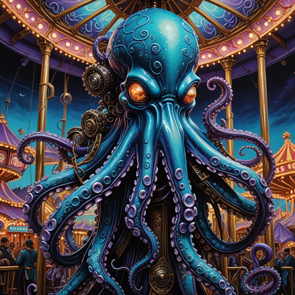 Android Octopus Mythical Creature in Neon Oil Painting