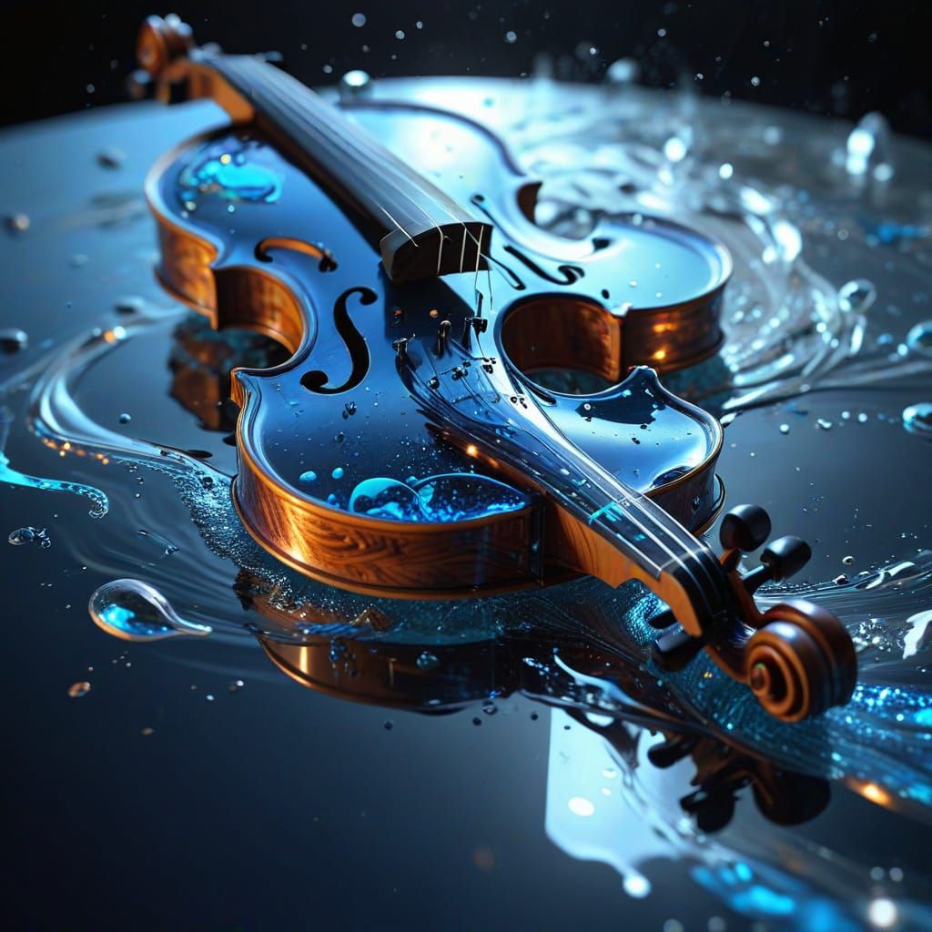 Violin of Flowing Blue Water with Musical Notes
