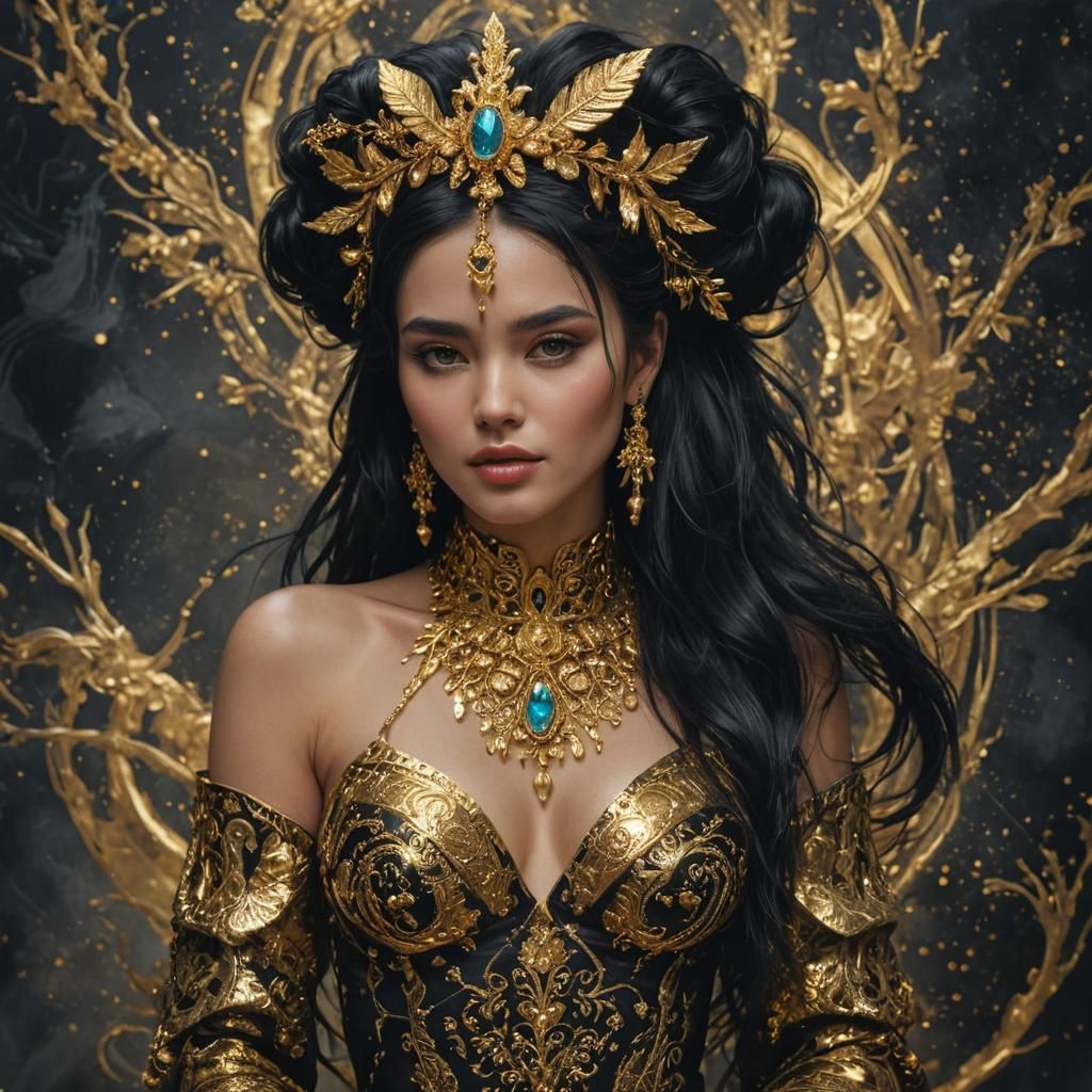 Golden Woman with Black Hair in Alcohol Ink Style