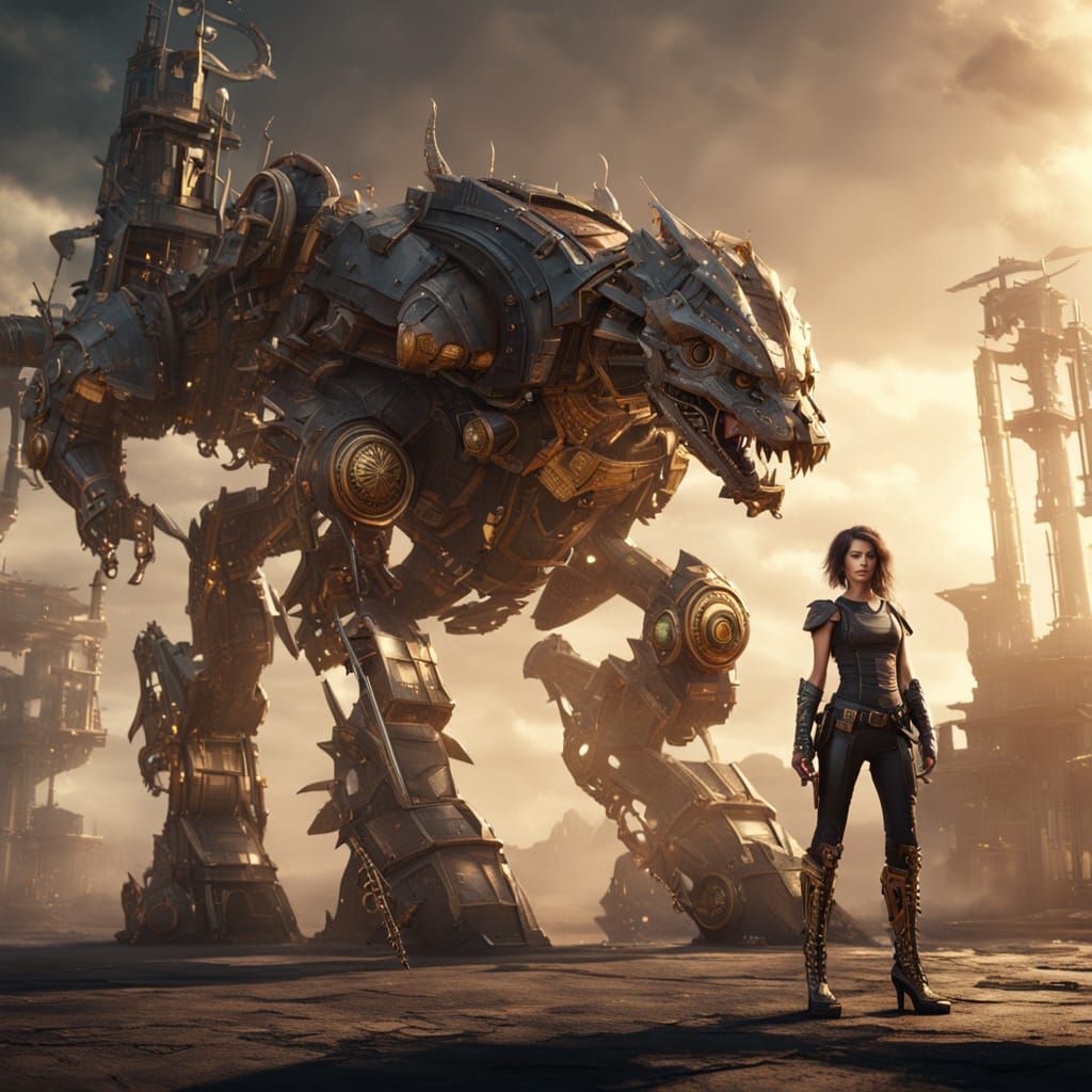 Epic Steampunk Warrior Unleashes Dragon Mech in a Smoky Atmo...