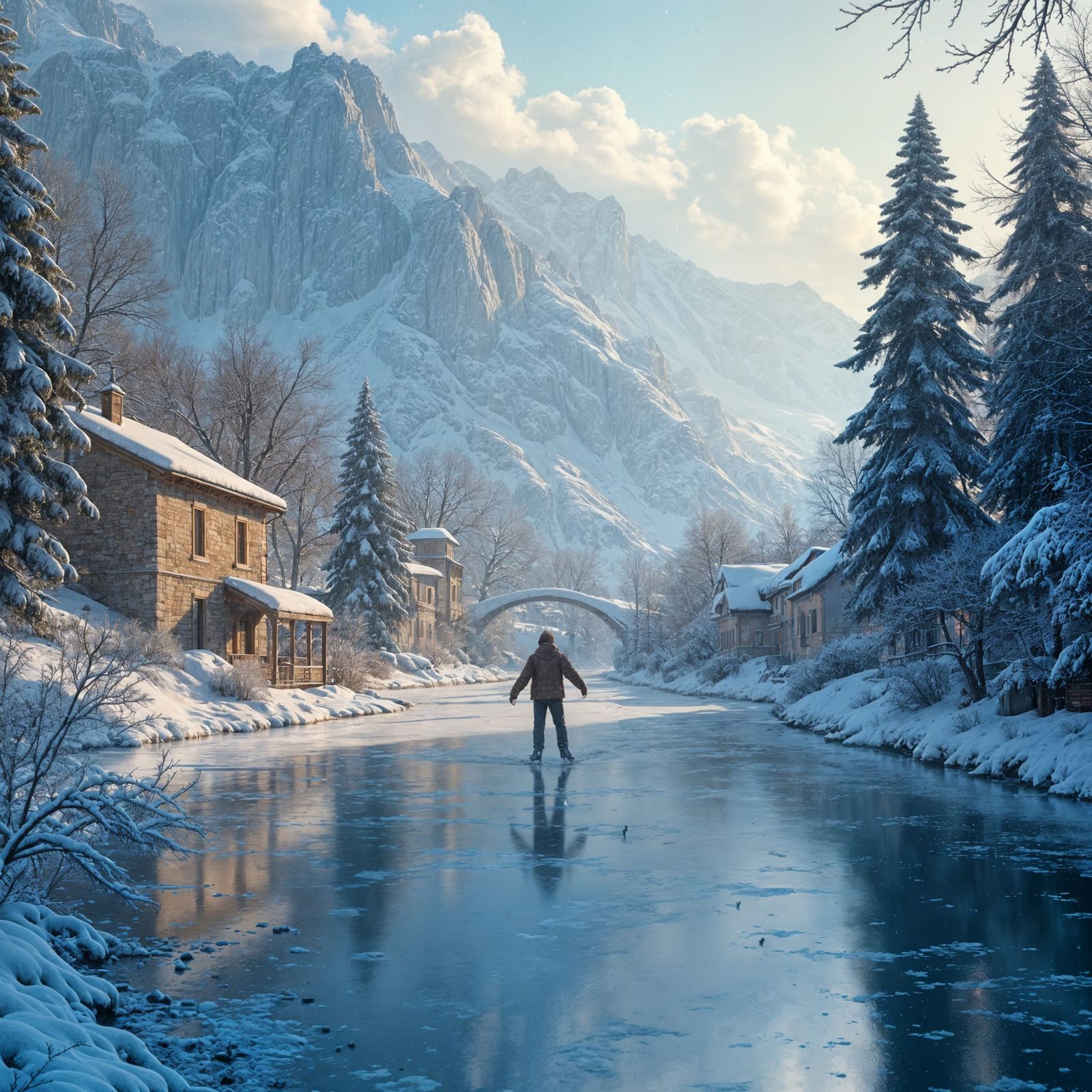 Snowy Italian Landscape Figure Skating: Detailed Matte Paint...