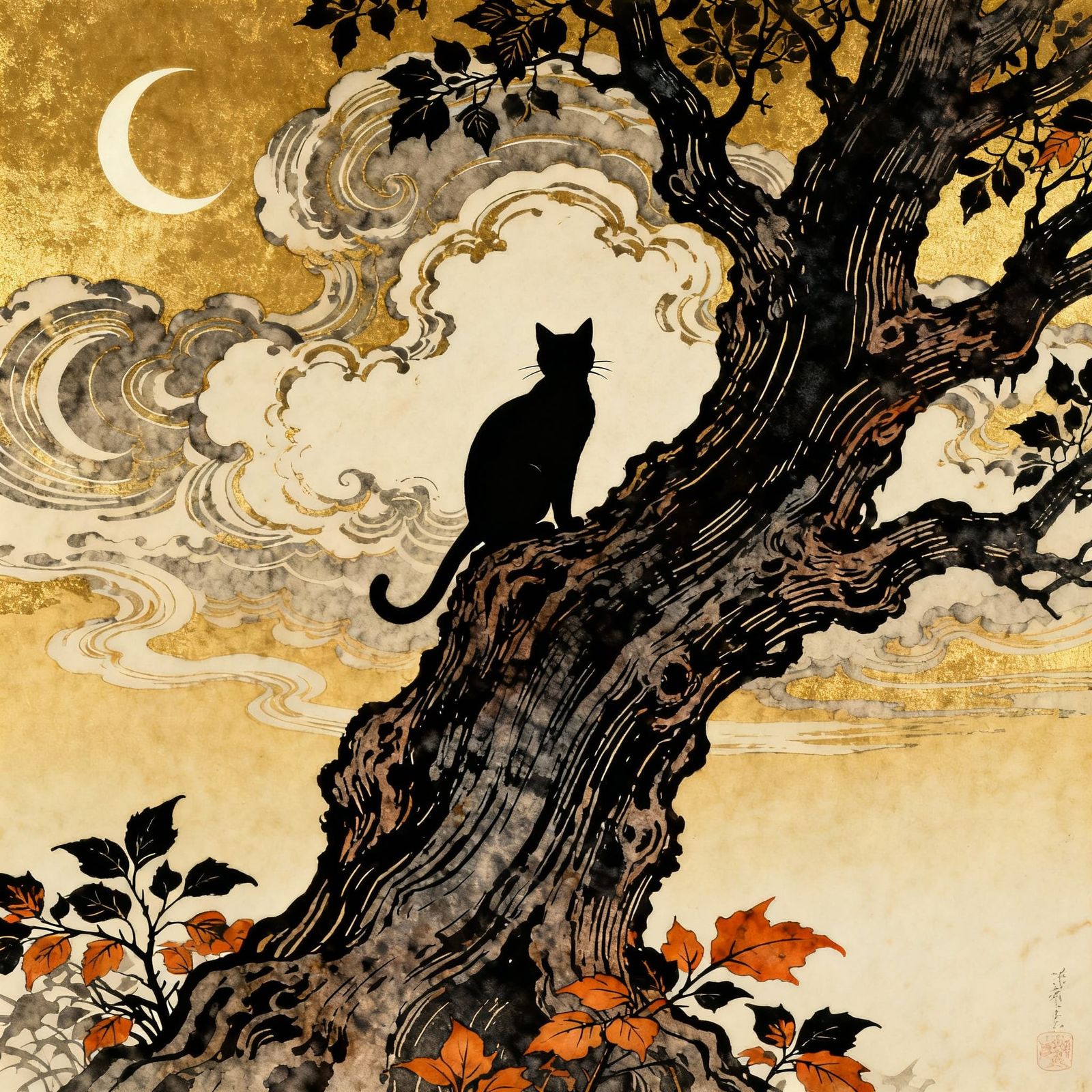 Solitary Black Cat in Gnarled Tree, Ukiyo-e Style