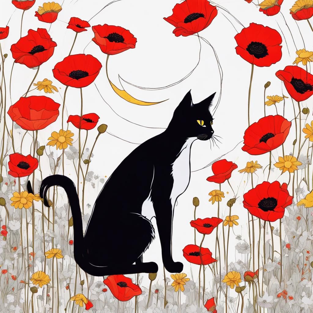 Black Cat Hunting Butterflies Under Fairy Lights