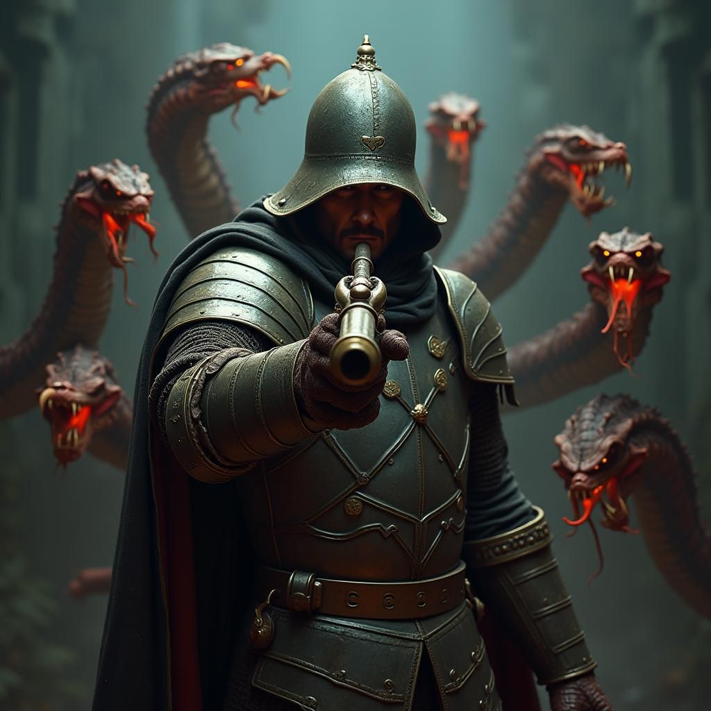 Armored Soldier Aims Flintlock in Ominous Setting